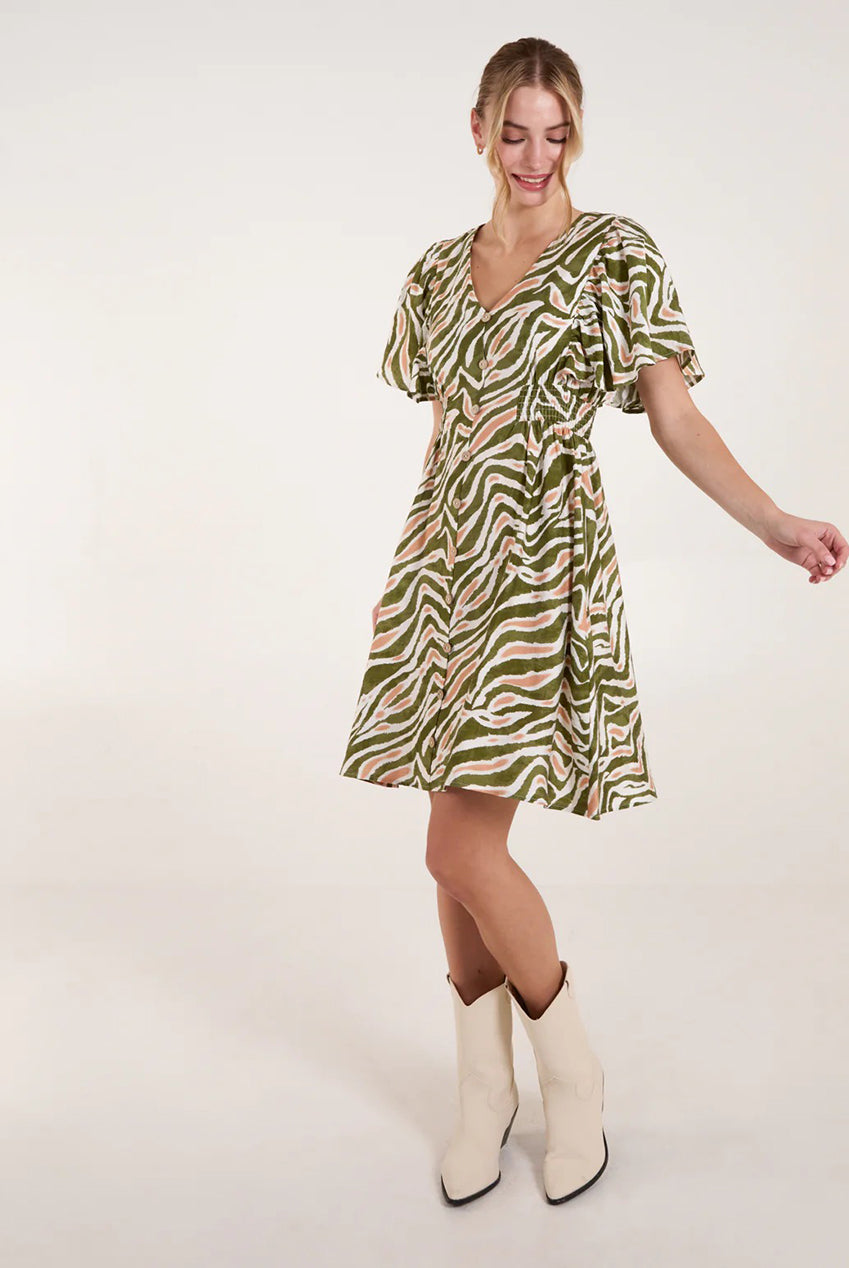Button Front Shirred Waist Mini Dress BV257844056A