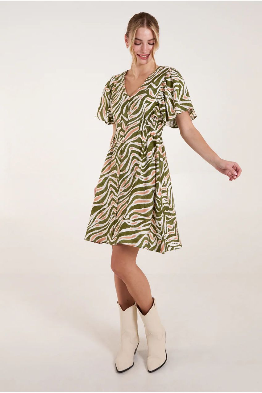 Button Front Shirred Waist Mini Dress BV257844056A