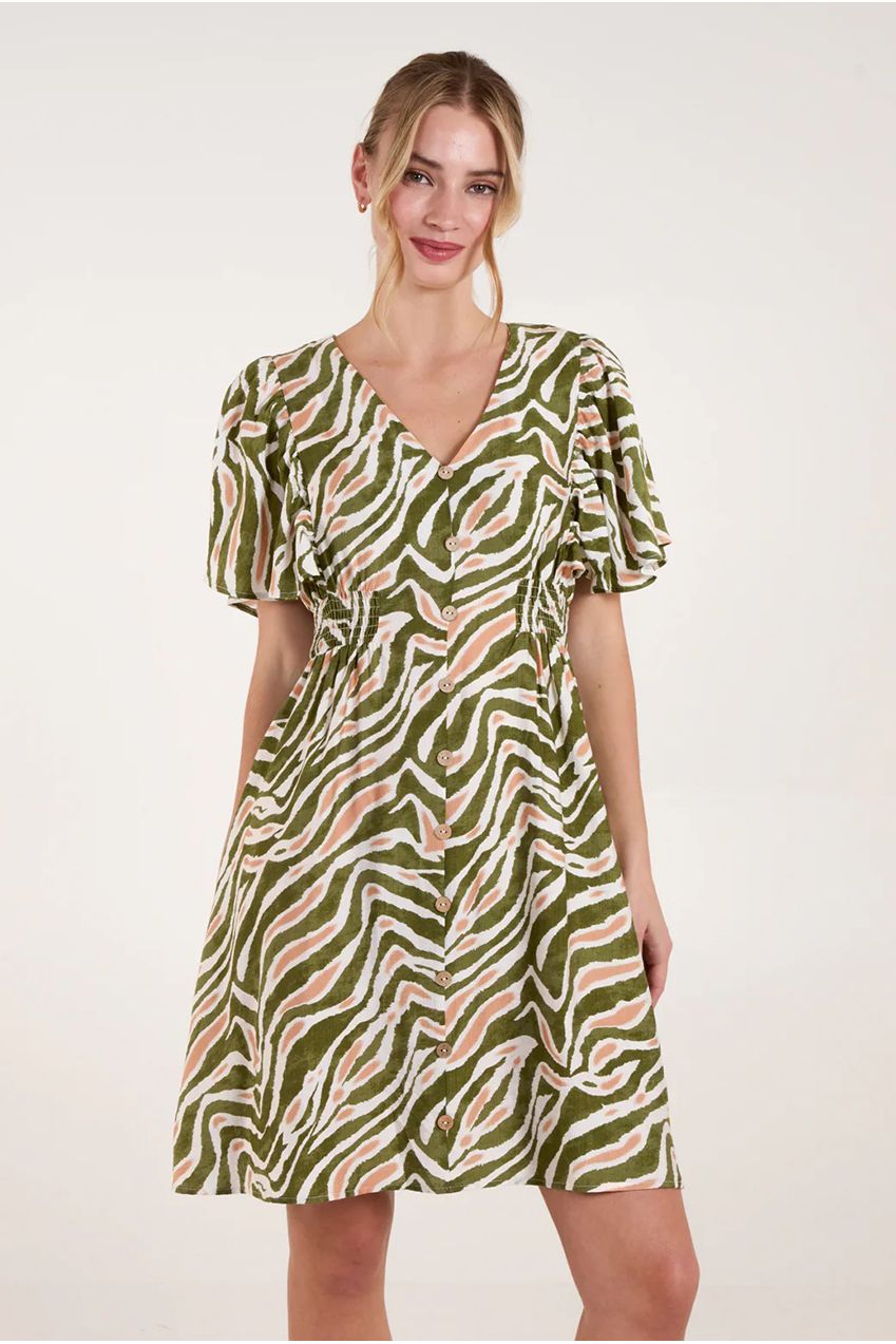 Button Front Shirred Waist Mini Dress BV257844056A