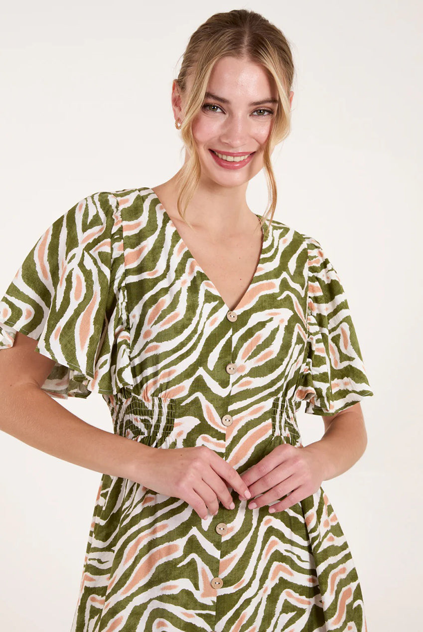 Button Front Shirred Waist Mini Dress BV257844056A