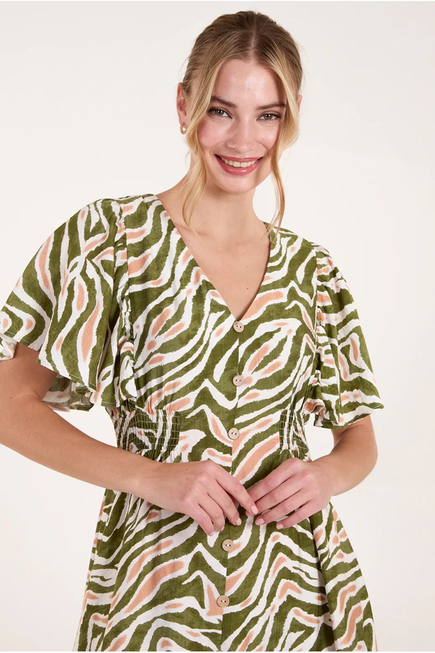 Button Front Shirred Waist Mini Dress BV257844056A