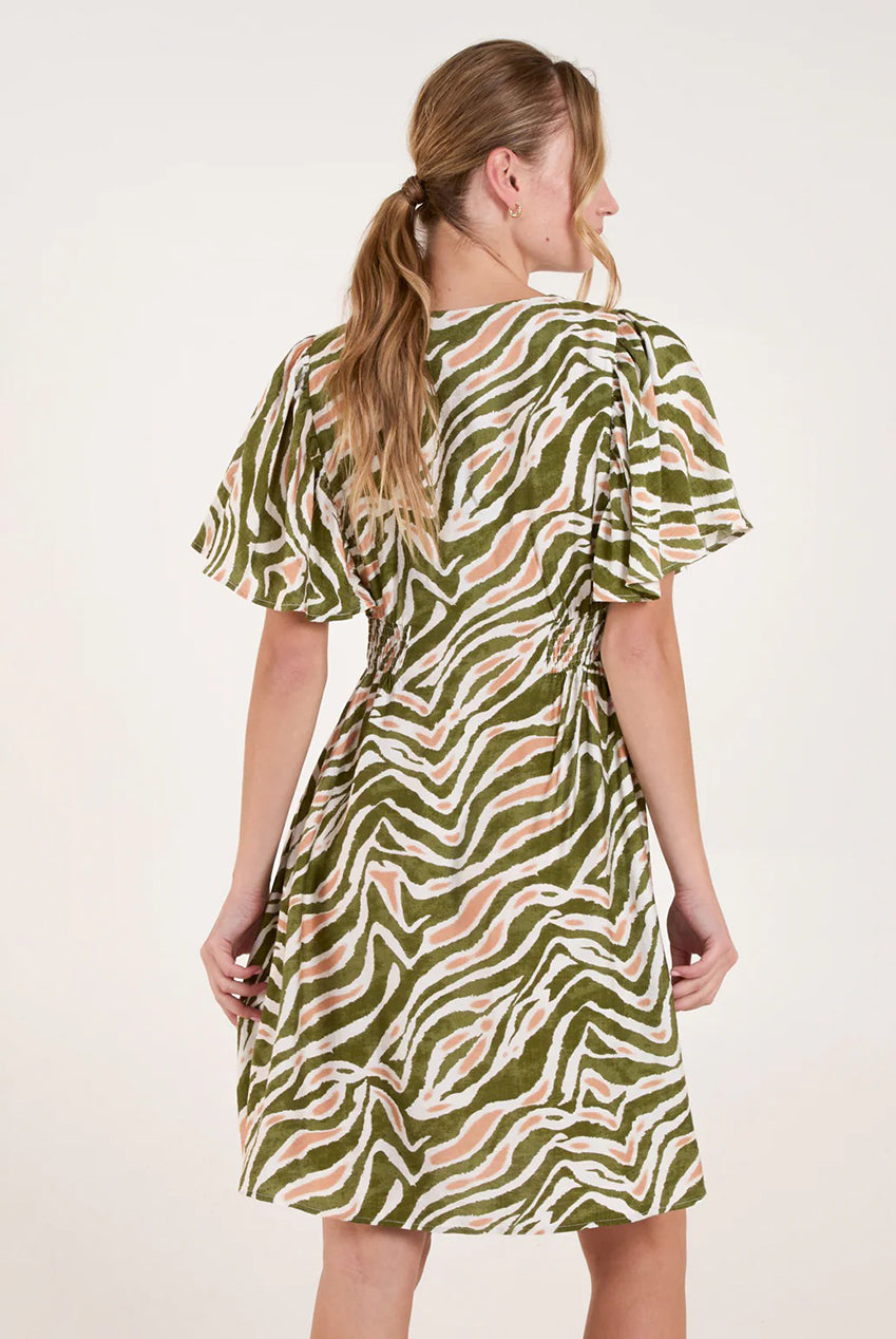 Button Front Shirred Waist Mini Dress BV257844056A