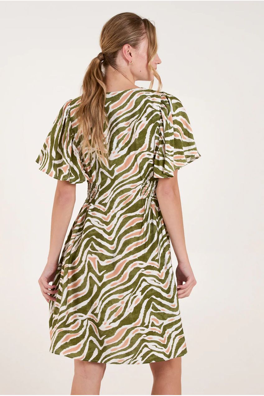 Button Front Shirred Waist Mini Dress BV257844056A