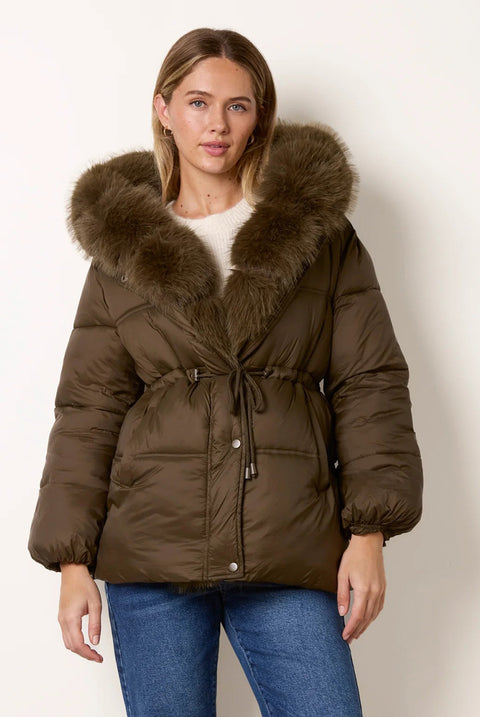 Drawcord Waist Faux Fur Hooded Coat by Blue Vanilla