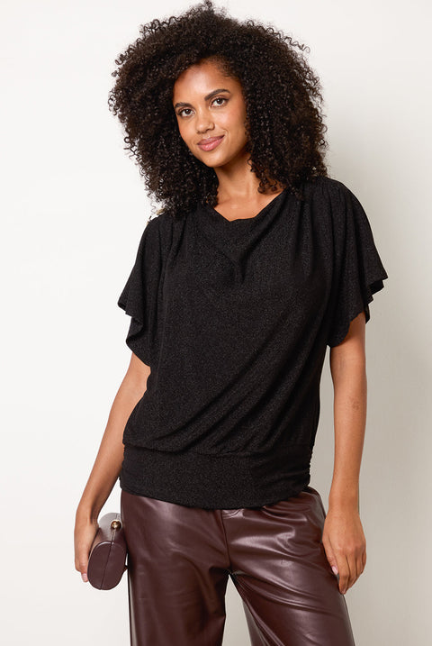 Button Detail Draped Cowl Neck Top by Blue Vanilla