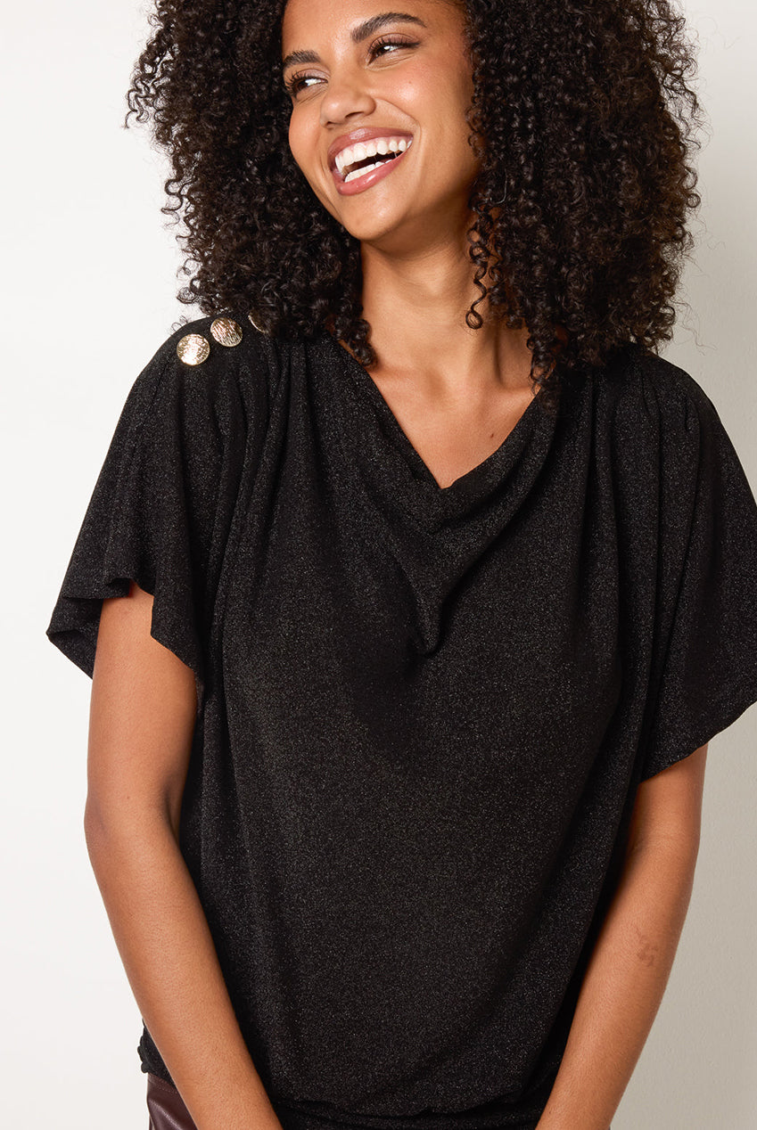 Button Detail Draped Cowl Neck Top BV261400003