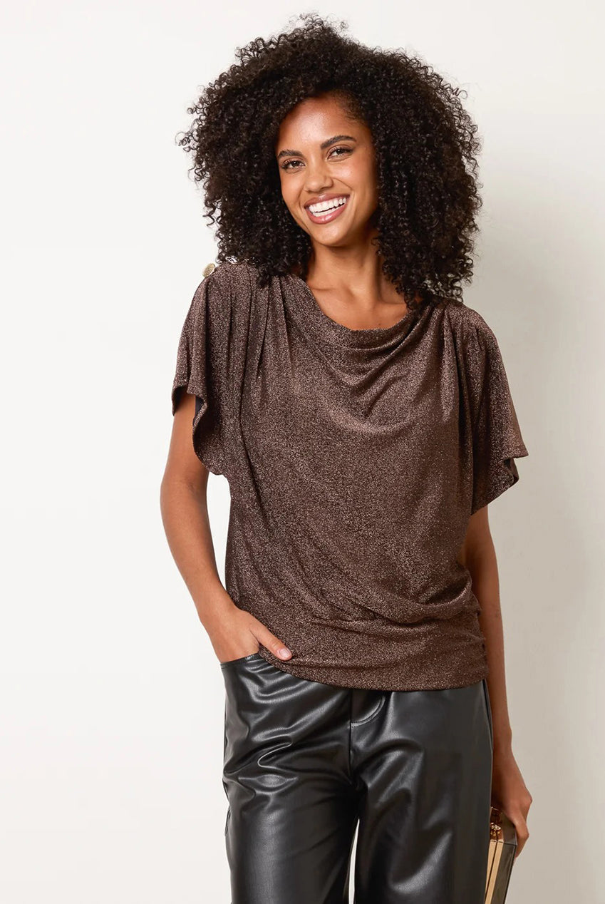 Button Detail Draped Cowl Neck Top BV261400184