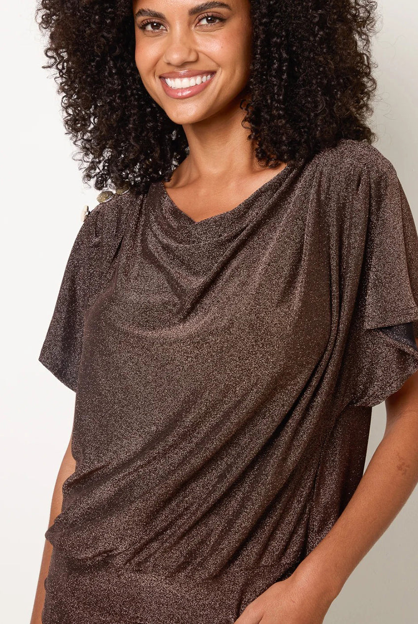 Button Detail Draped Cowl Neck Top BV261400184