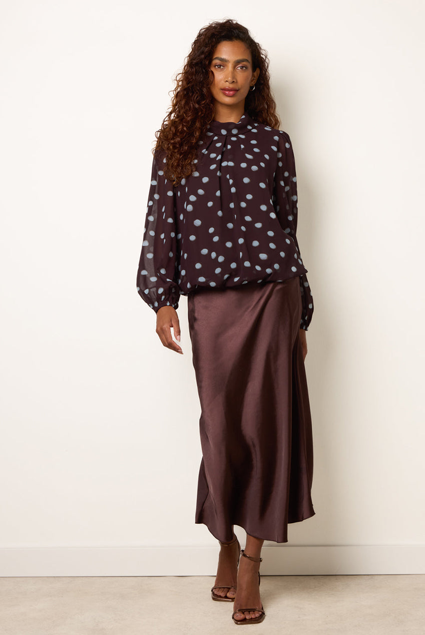 Polka Dot Cowl Neck Puff Ball Blouse BV261428030