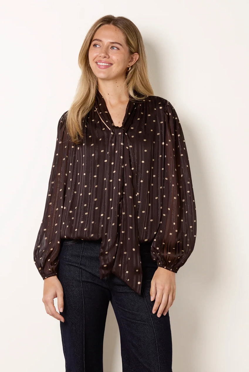 Metallic Polka Dot V Neck Tie Puff Ball Blouse BV261430030