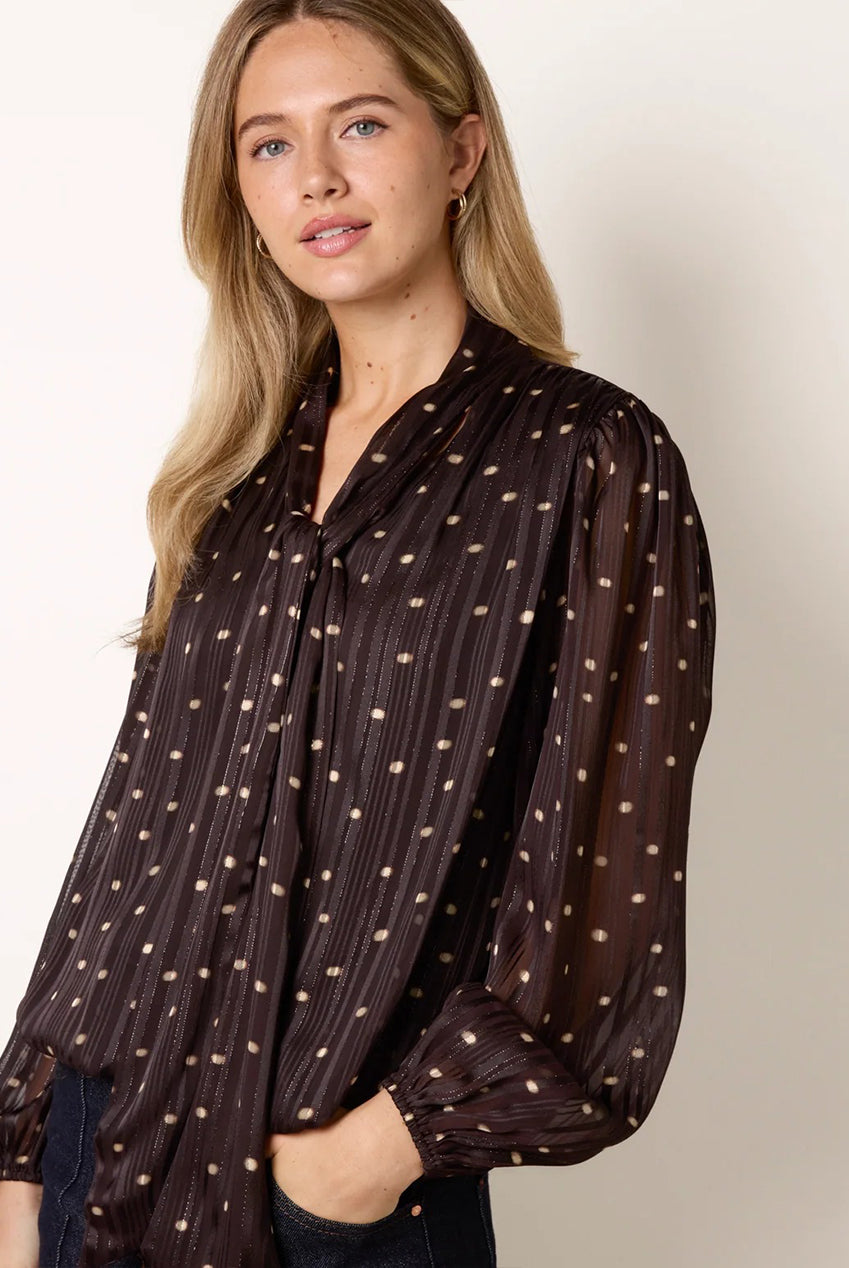 Metallic Polka Dot V Neck Tie Puff Ball Blouse BV261430030