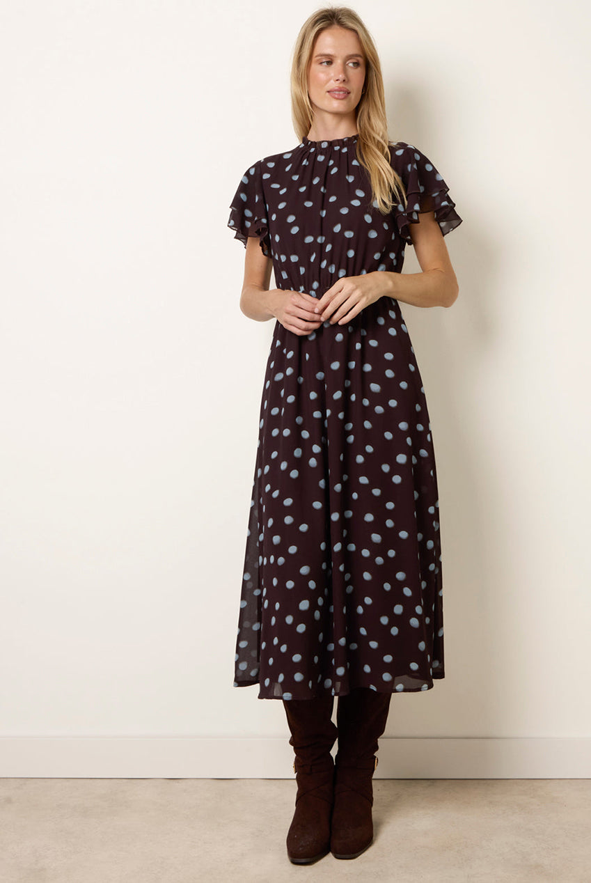 Polka Dot Frill Neck Midi Dress BV261829030