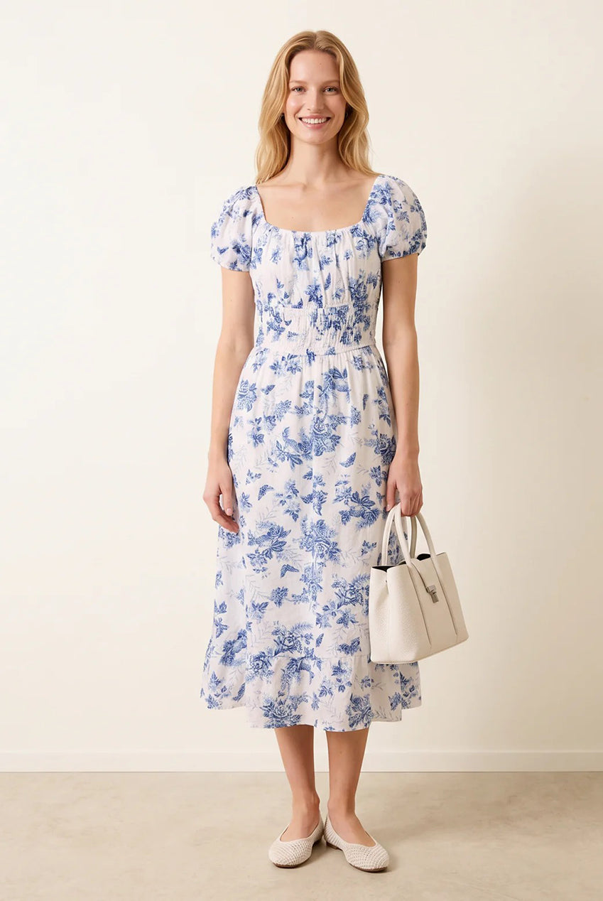 Off The Shoulder Puff Sleeve Shirred Print Dress BV269805069