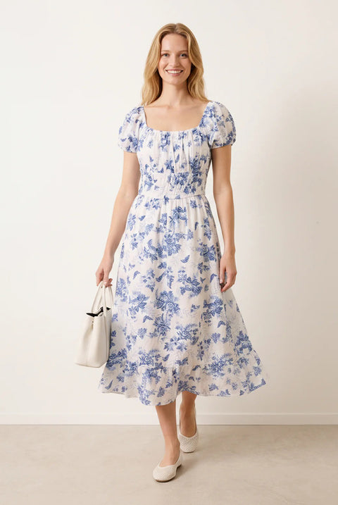Off The Shoulder Puff Sleeve Shirred Print Dress by Blue Vanilla