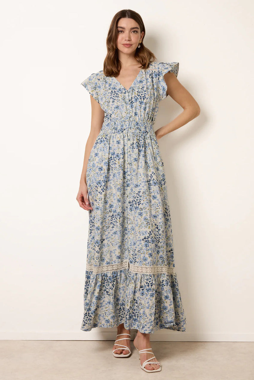 Ditsy Floral Print Shirred Waist Button Front Maxi Dress BV269812002