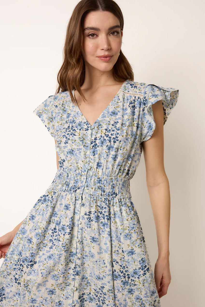 Ditsy Floral Print Shirred Waist Button Front Maxi Dress BV269812002