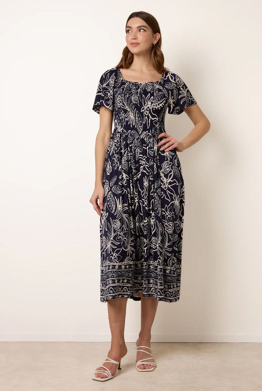 Shirred Drop Waist Midi Dress BV269834008