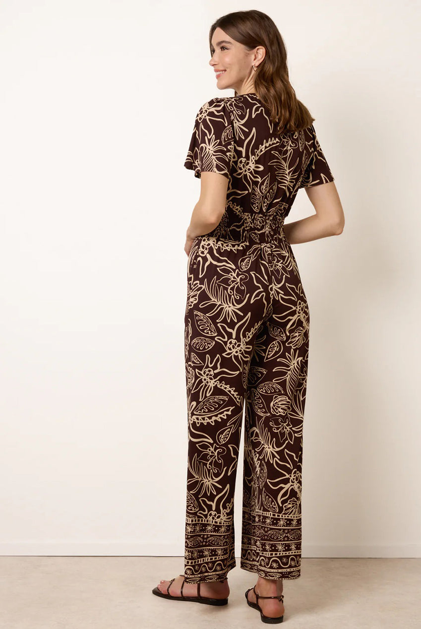 Tropical Print Shirred Waist Elasticated Round Neck Jumpsuit BV269837025