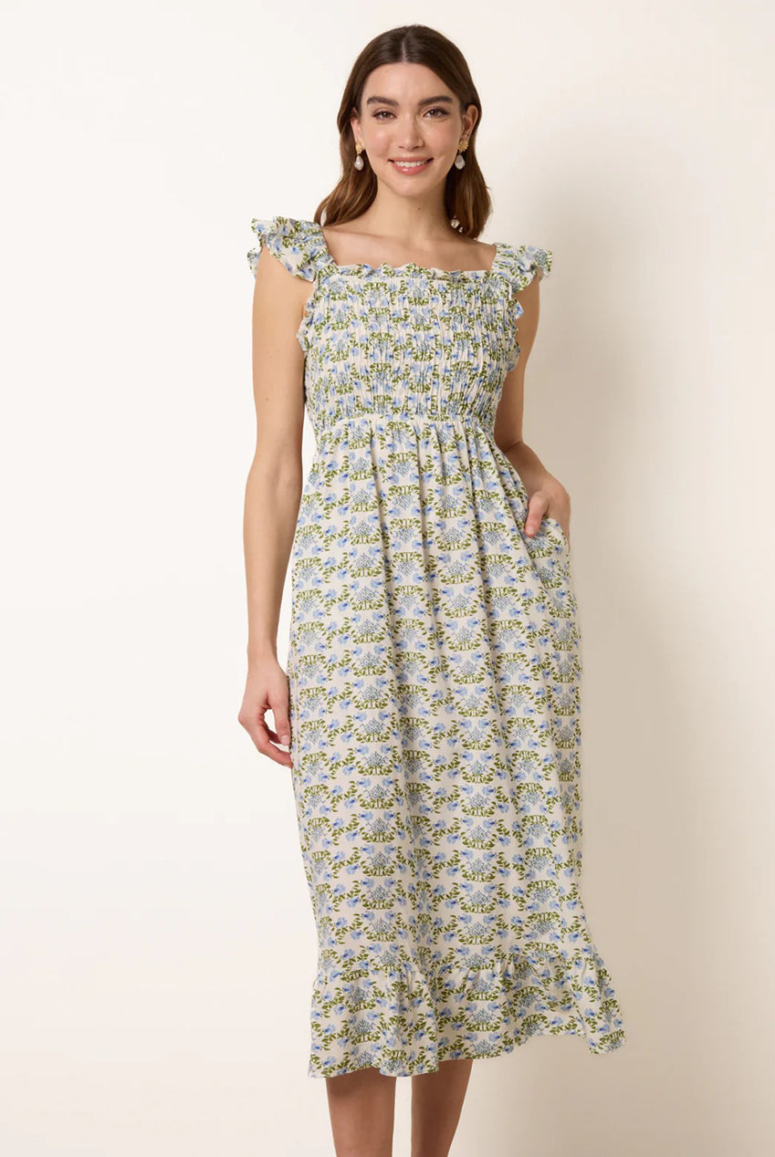 Floral & Frill Shirred Bodice Midi Dress BV269878002