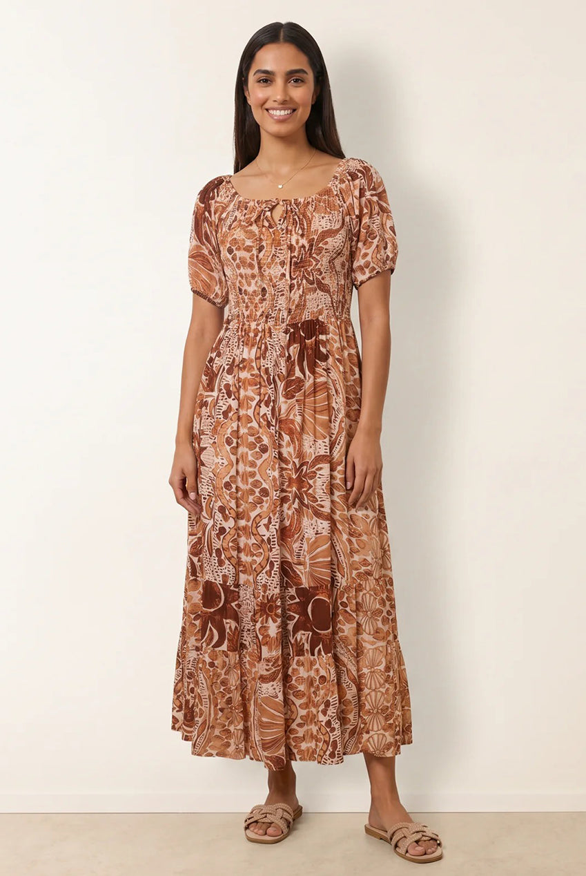 Tie Front Shirred Midi Dress BV269928025