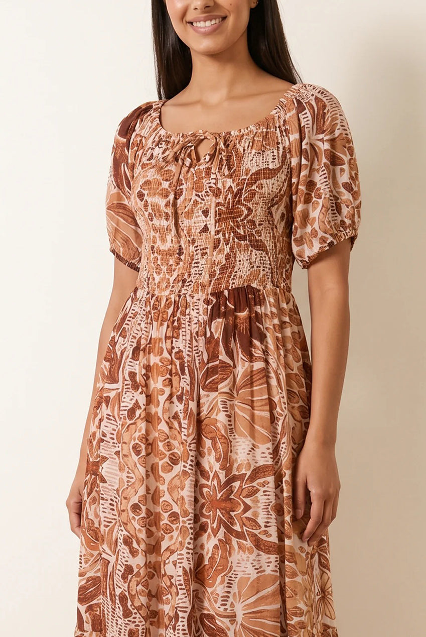 Tie Front Shirred Midi Dress BV269928025