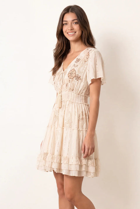 Embellished Tiered Mini Dress by Blue Vanilla