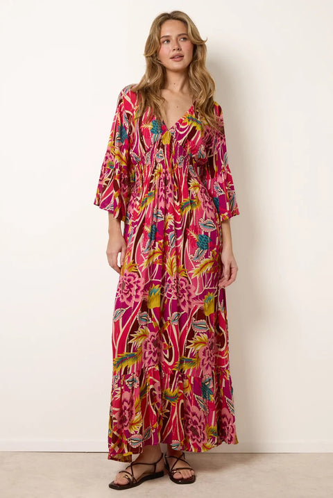 Tropical Print V-Neck Maxi Dress by Blue Vanilla