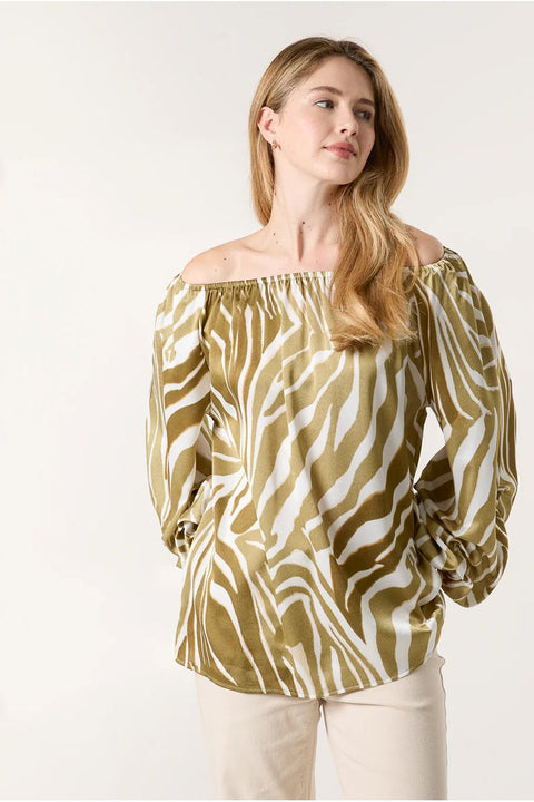 Zebra Satin Ruched Bardot Top by Blue Vanilla