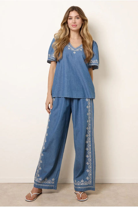 Floral Embroidery Wide-Leg Trousers by Blue Vanilla