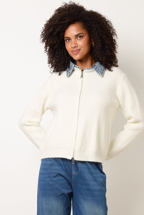 Knit Cardigan With Denim Collar Trim by Blue Vanilla