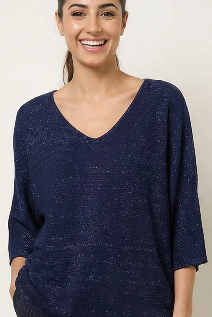 Metallic V Neck Knitted Ripple Jumper BV5621IT008