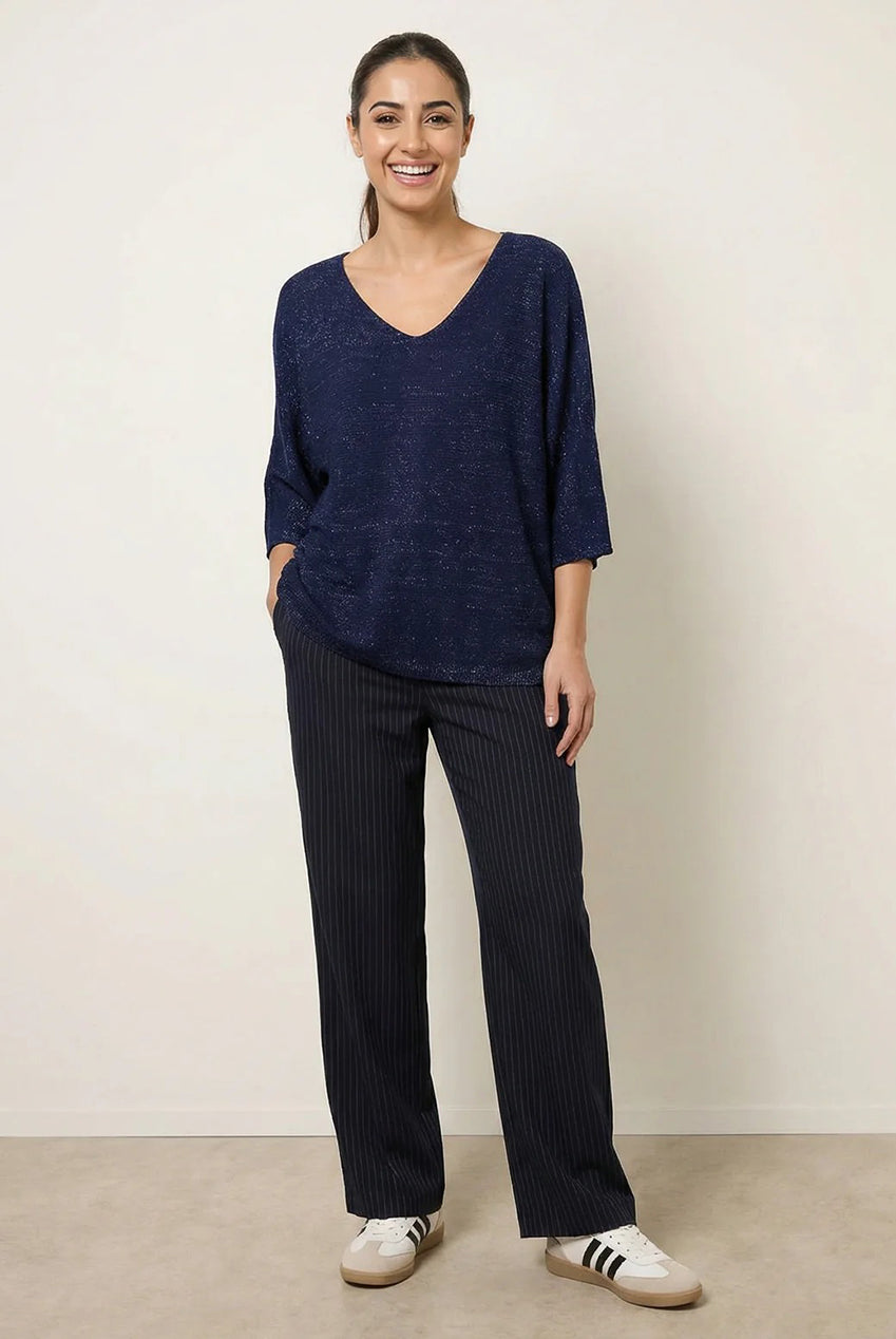 Metallic V Neck Knitted Ripple Jumper BV5621IT008