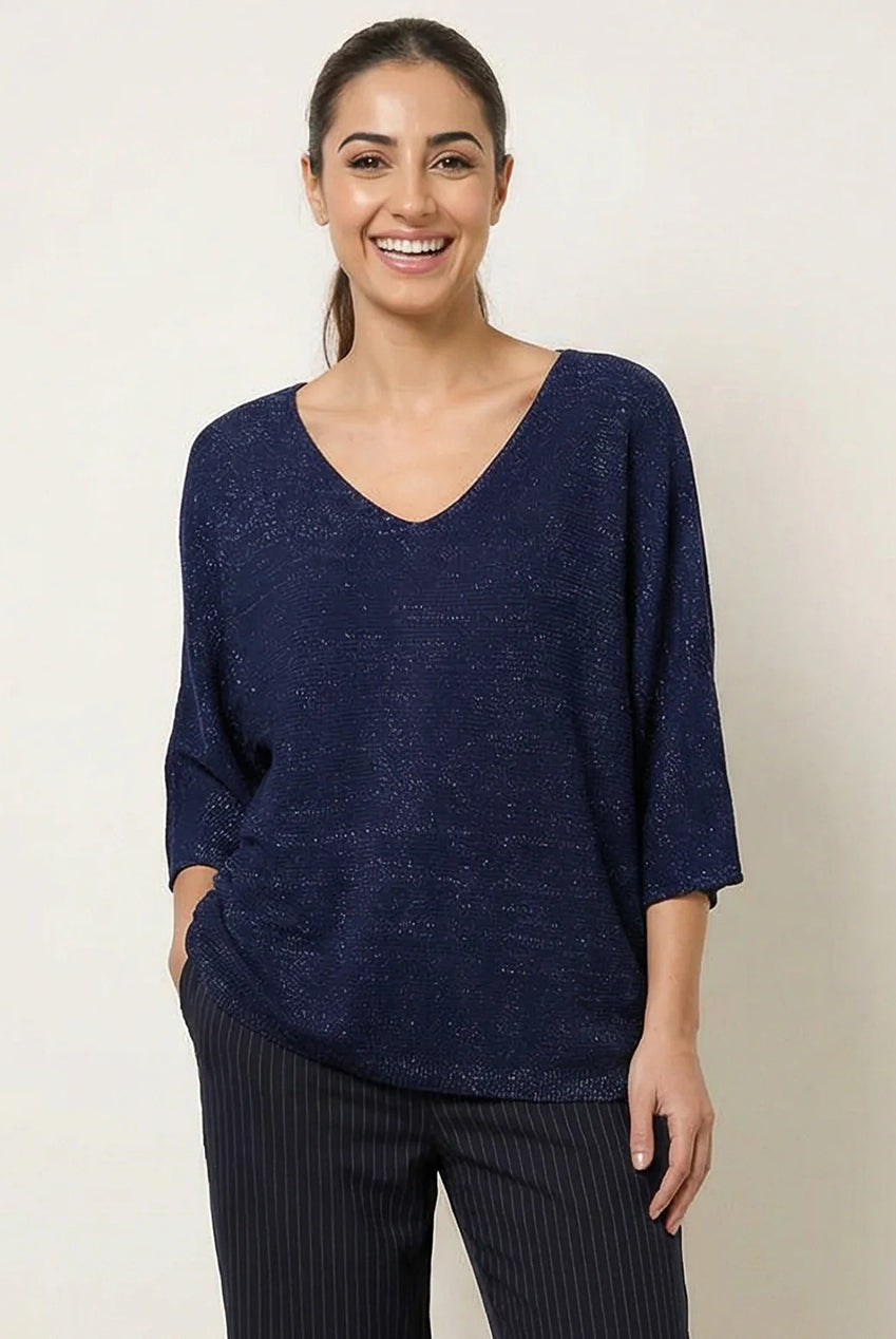 Metallic V Neck Knitted Ripple Jumper BV5621IT008