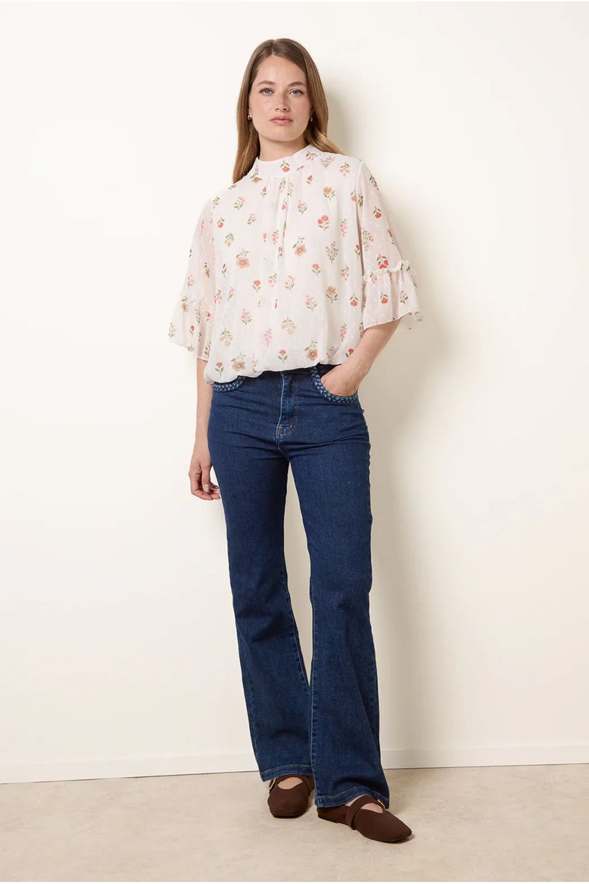 High Neck Frill Sleeve Dobby Floral Print Puffball Blouse BV6312IT439