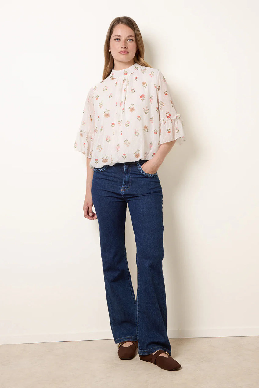 High Neck Frill Sleeve Dobby Floral Print Puffball Blouse BV6312IT439