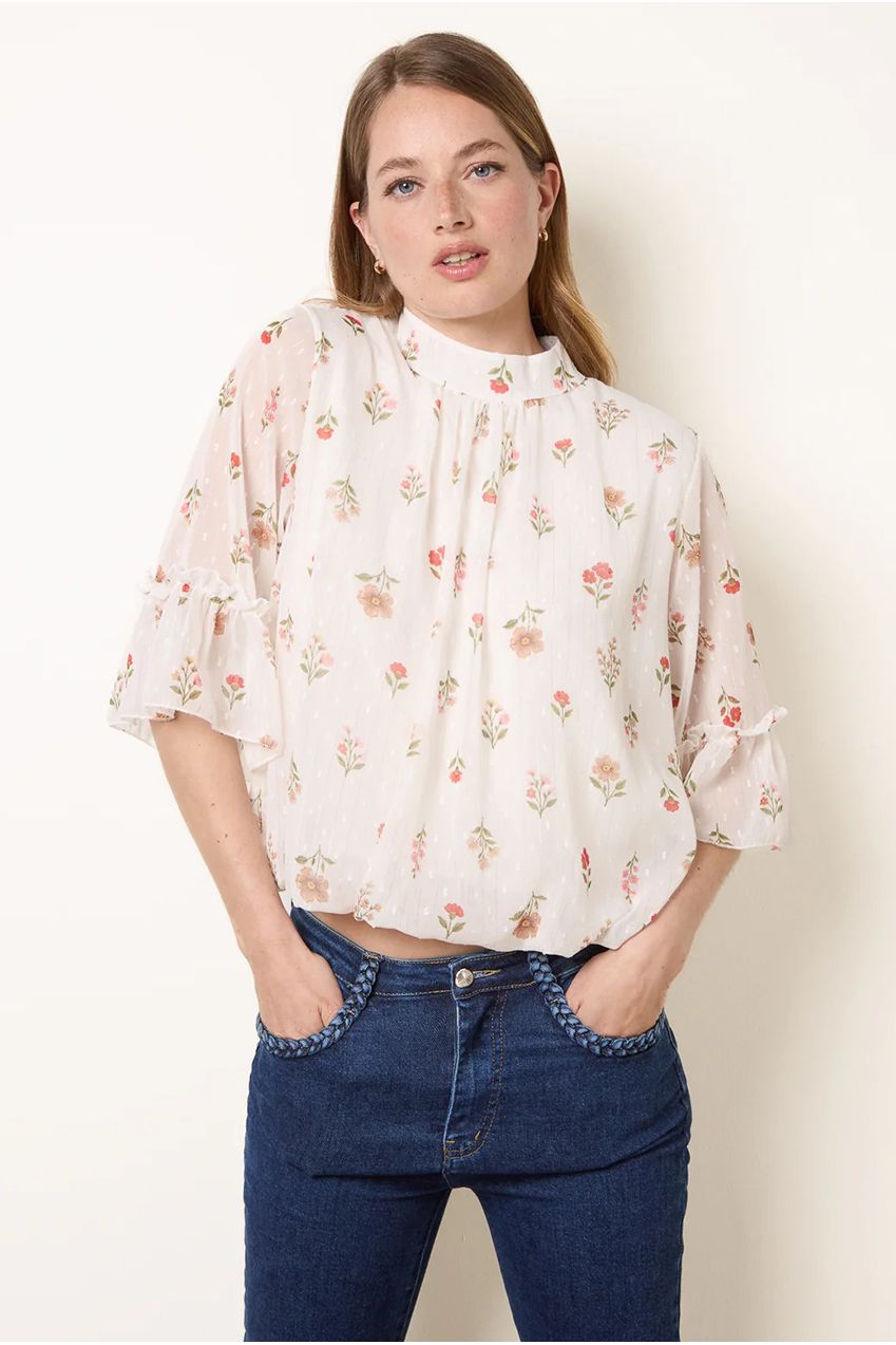 High Neck Frill Sleeve Dobby Floral Print Puffball Blouse BV6312IT439