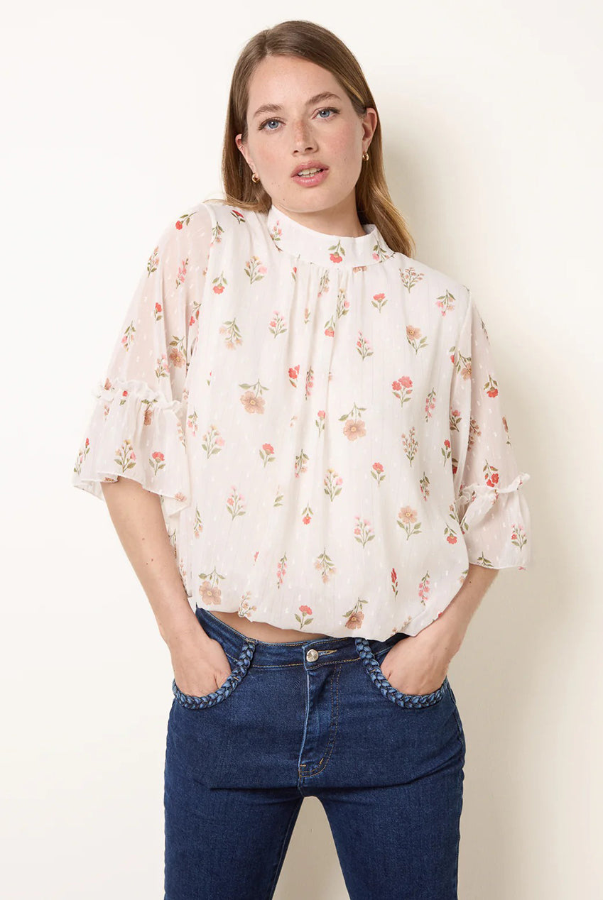 High Neck Frill Sleeve Dobby Floral Print Puffball Blouse BV6312IT439