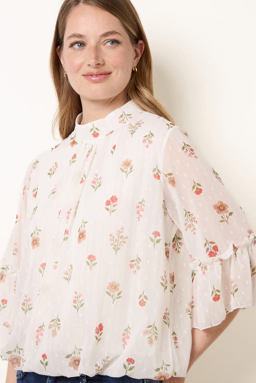 High Neck Frill Sleeve Dobby Floral Print Puffball Blouse BV6312IT439
