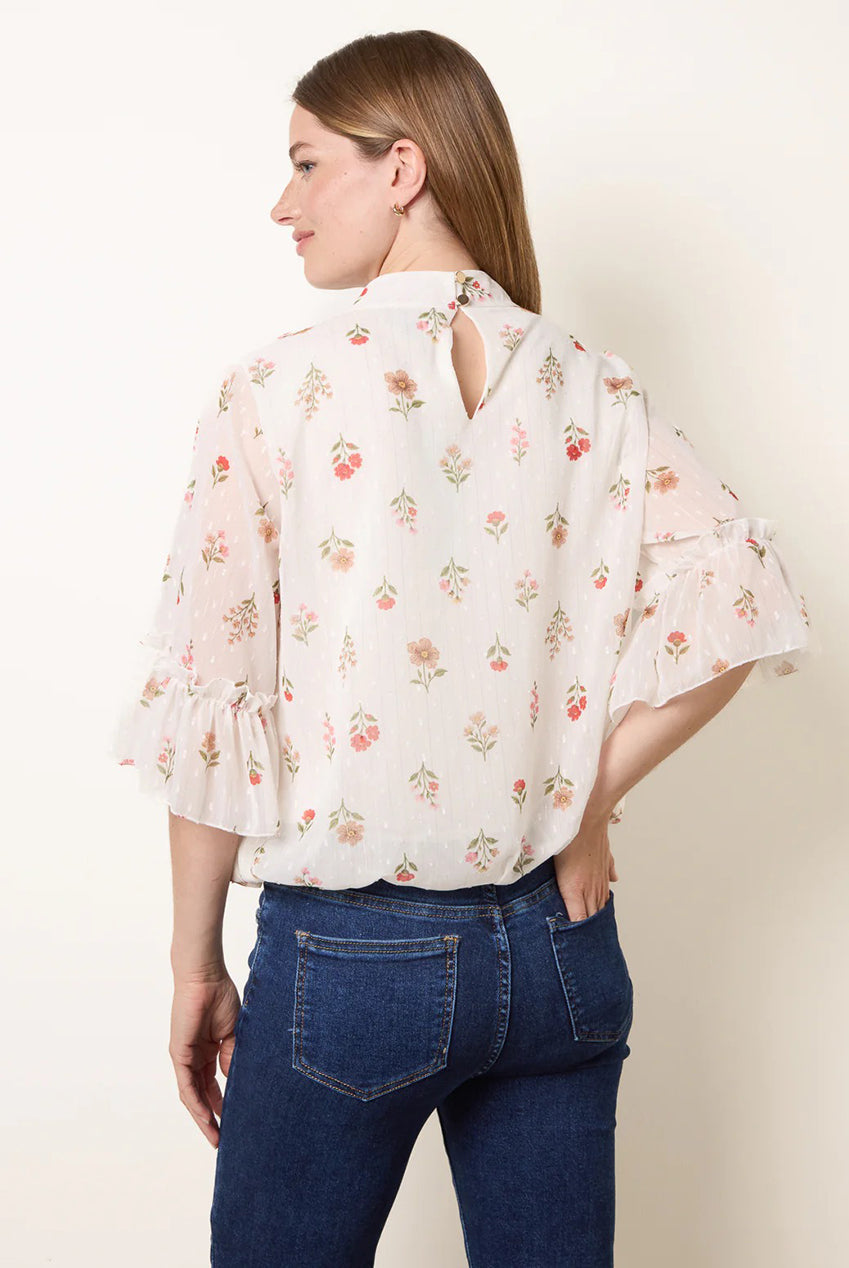 High Neck Frill Sleeve Dobby Floral Print Puffball Blouse BV6312IT439