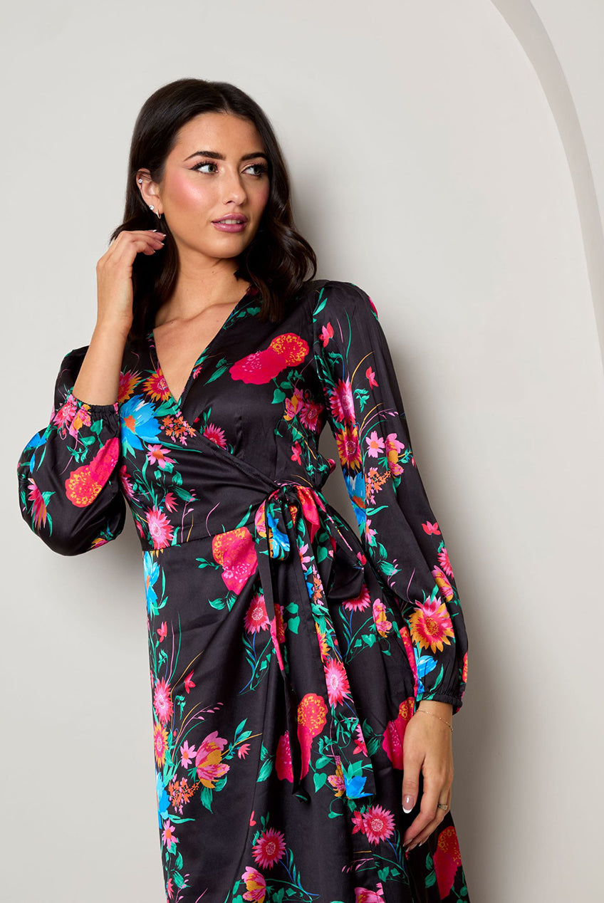 Long Sleeve Floral Wrap Dress In Black BZ055BK