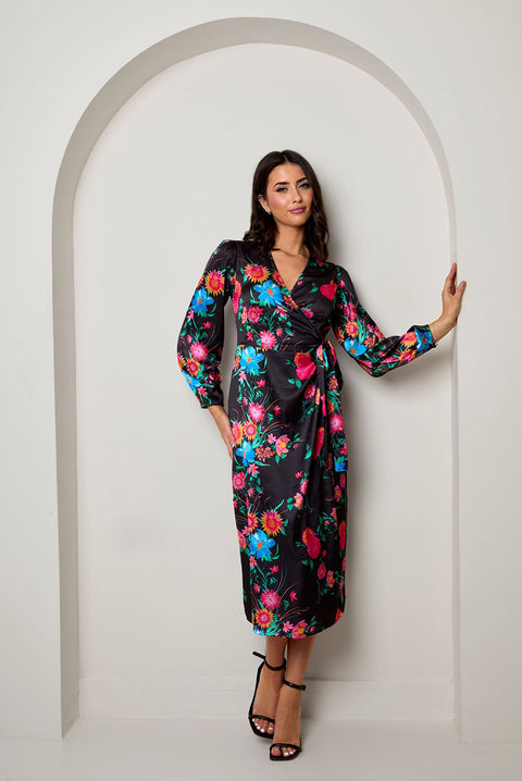 Long Sleeve Floral Wrap Dress In Black by Chi Chi London