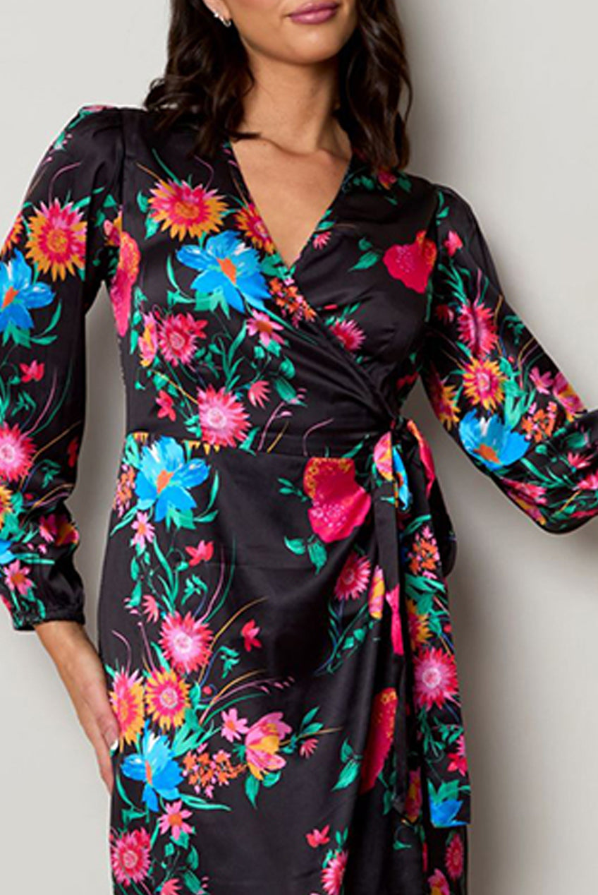 Long Sleeve Floral Wrap Dress In Black BZ055BK