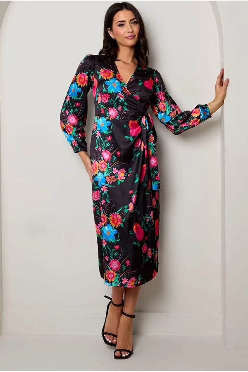 Long Sleeve Floral Wrap Dress In Black BZ055BK