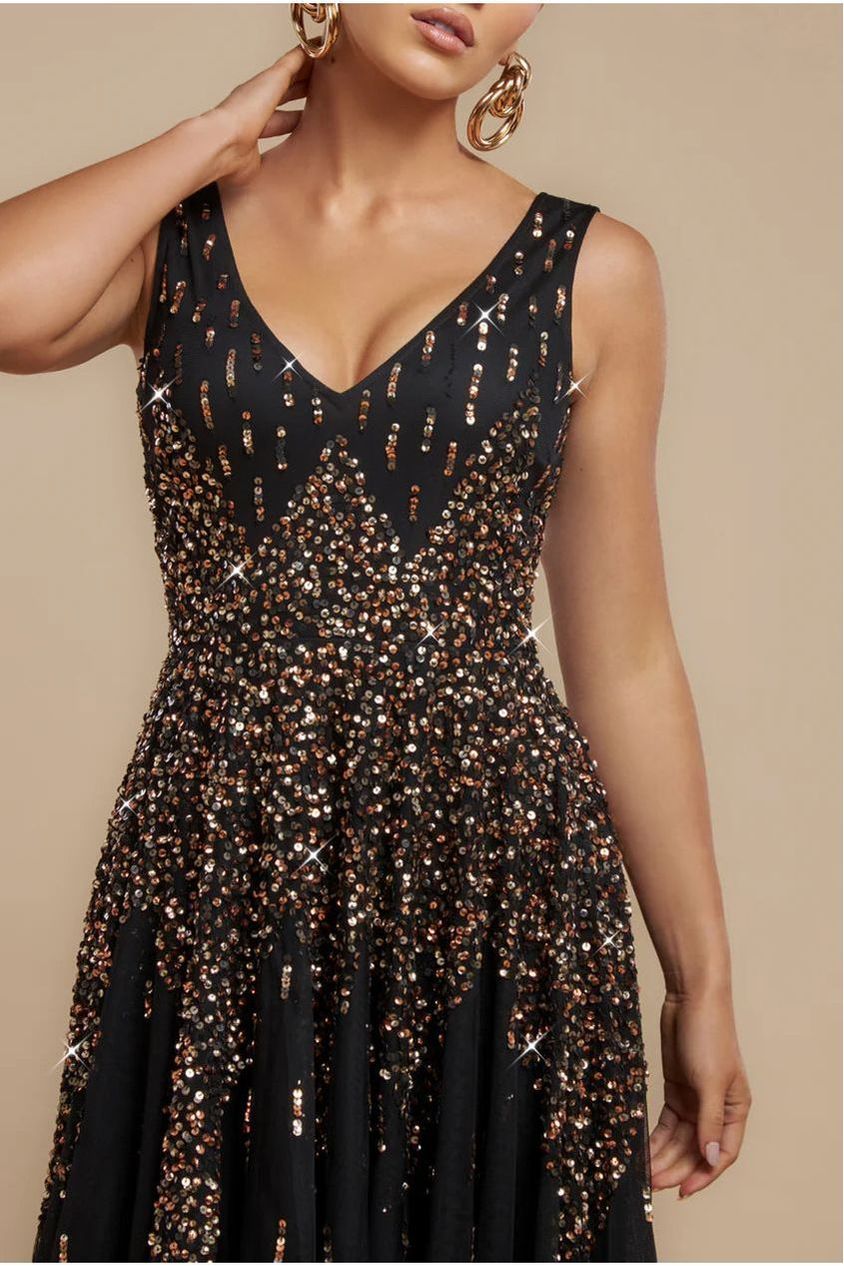 Sunray Hand Embellished Sequin A-Line Sleeveless Maxi Dress - Black DR2882