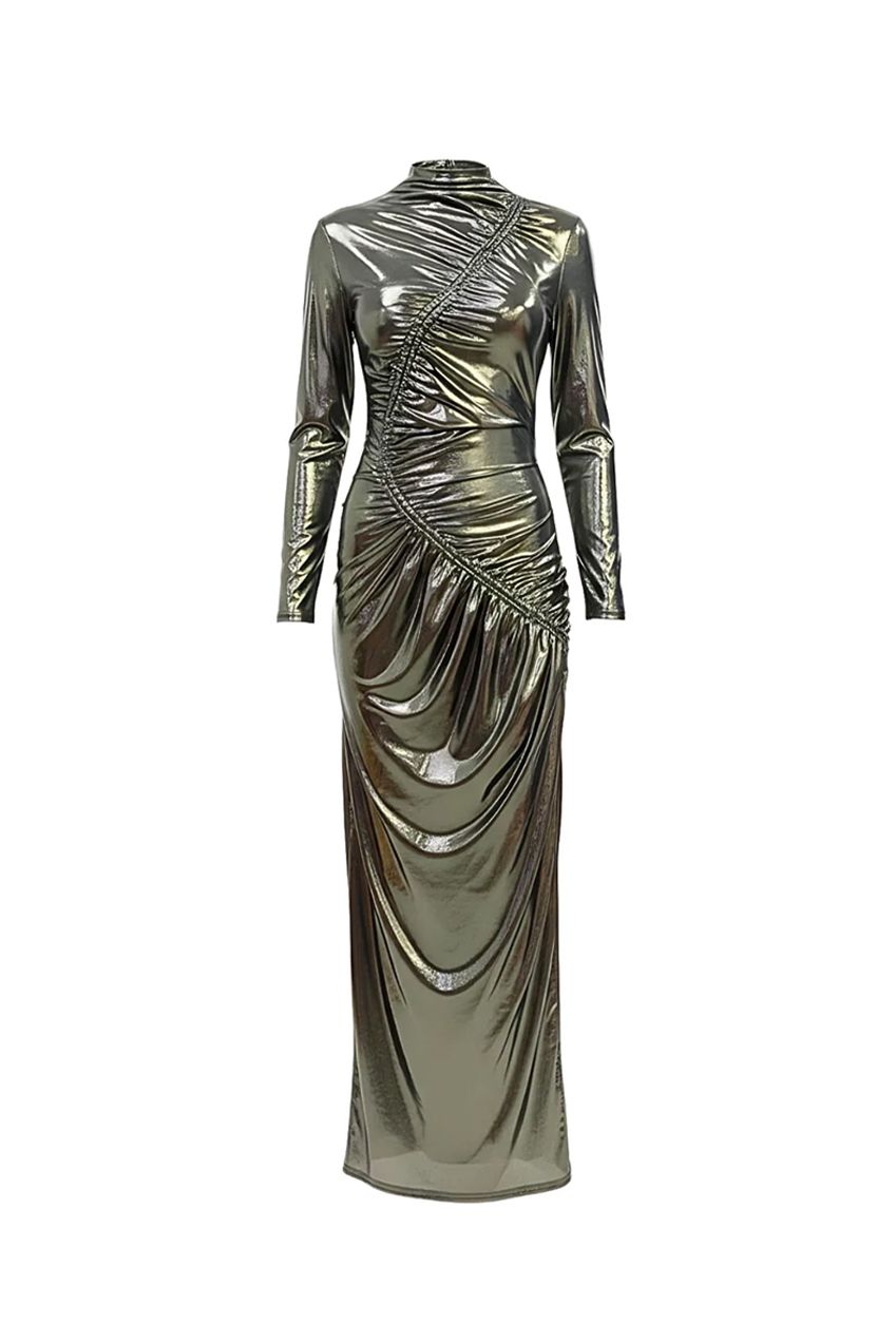 Black Gold Venechia Foil Deep Tail Gathered Maxi Dress AV-NDR1413BG
