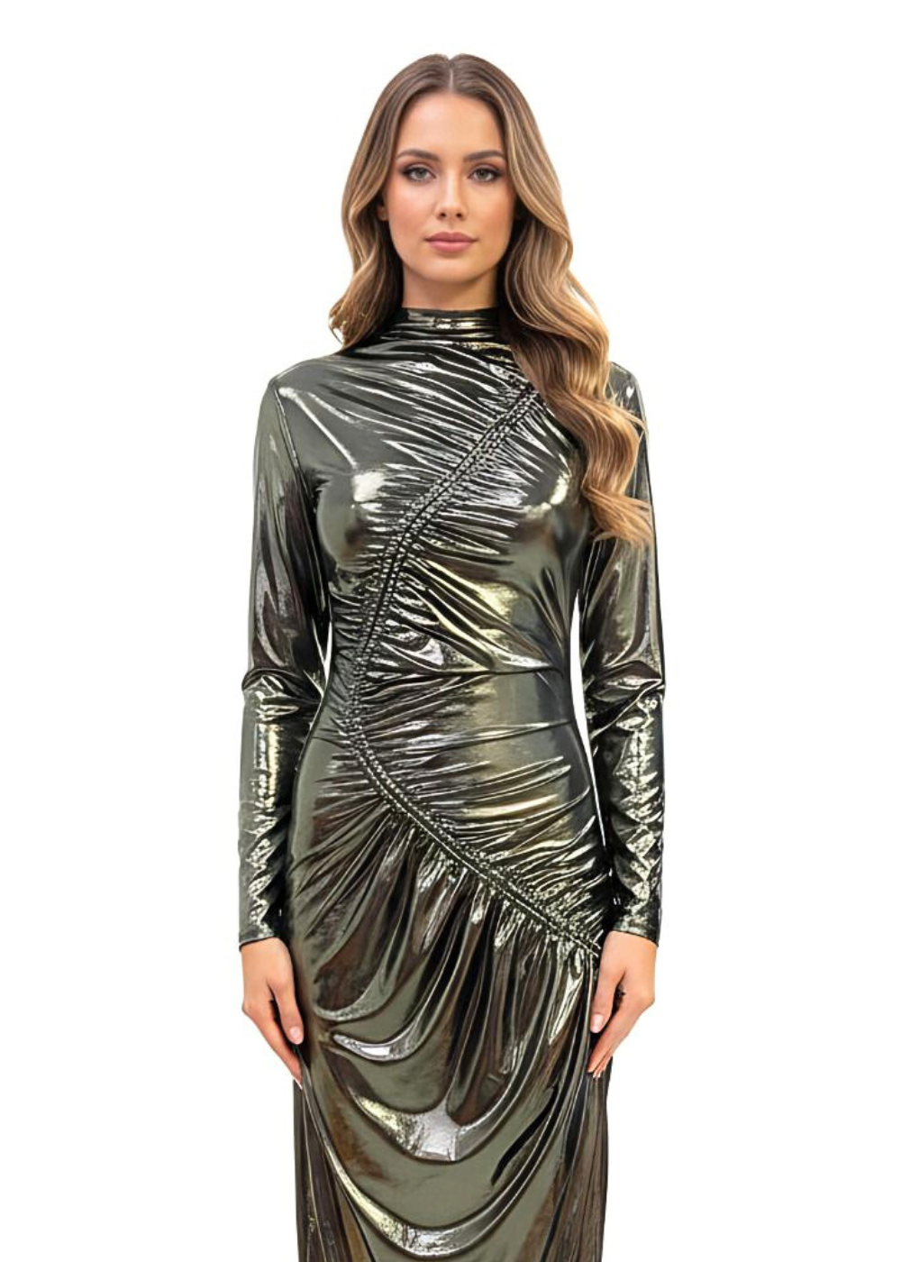 Black Gold Venechia Foil Deep Tail Gathered Maxi Dress AV-NDR1413BG