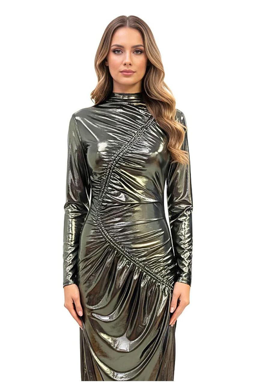 Black Gold Venechia Foil Deep Tail Gathered Maxi Dress AV-NDR1413BG