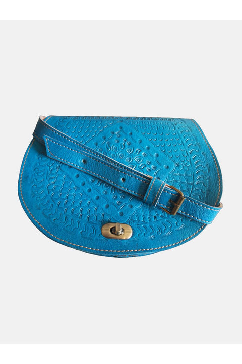 The Temara Embossed Saddle Bag In Bright Blue by Berber Leather