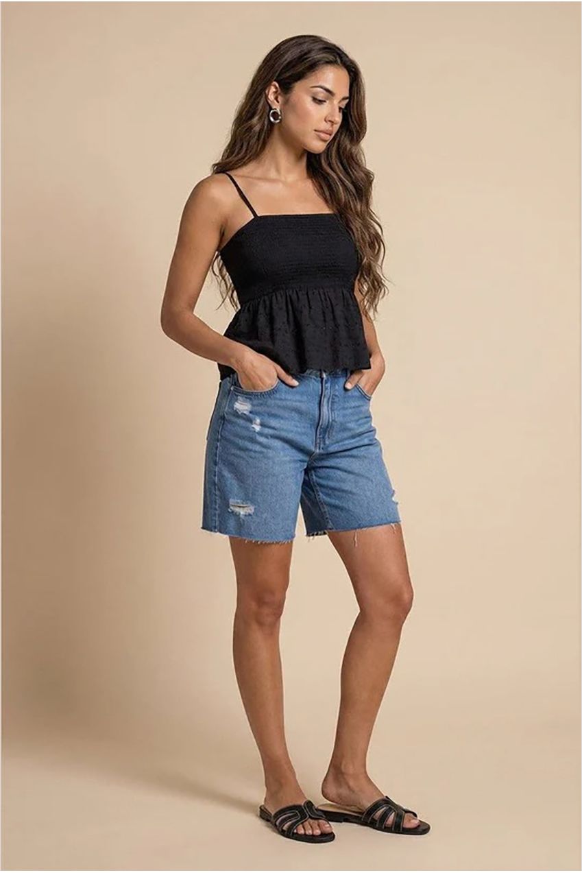 Shirred Brodiery Top Black 40TOP38833-c1