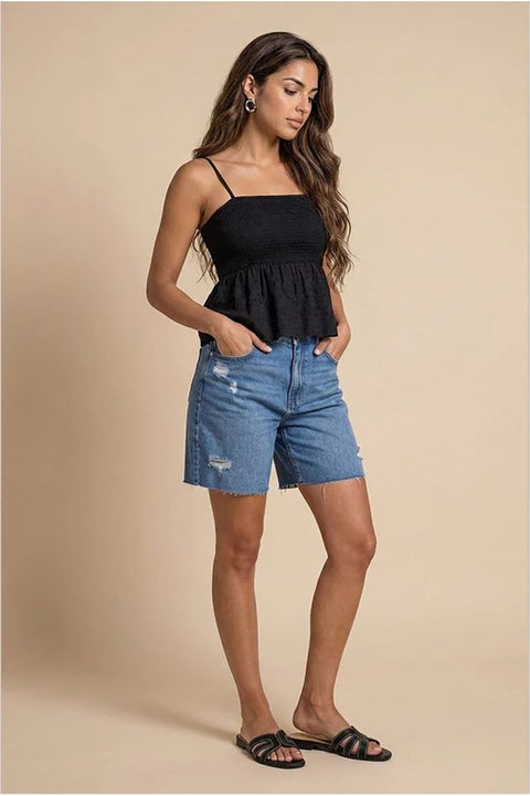 Shirred Brodiery Top Black by Urban Bliss